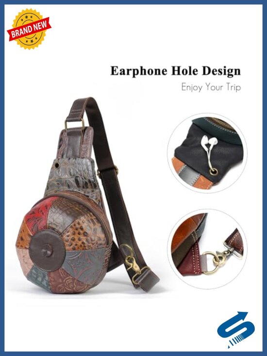 Genuine Leather Patchwork Sling Backpack with Headphone Port